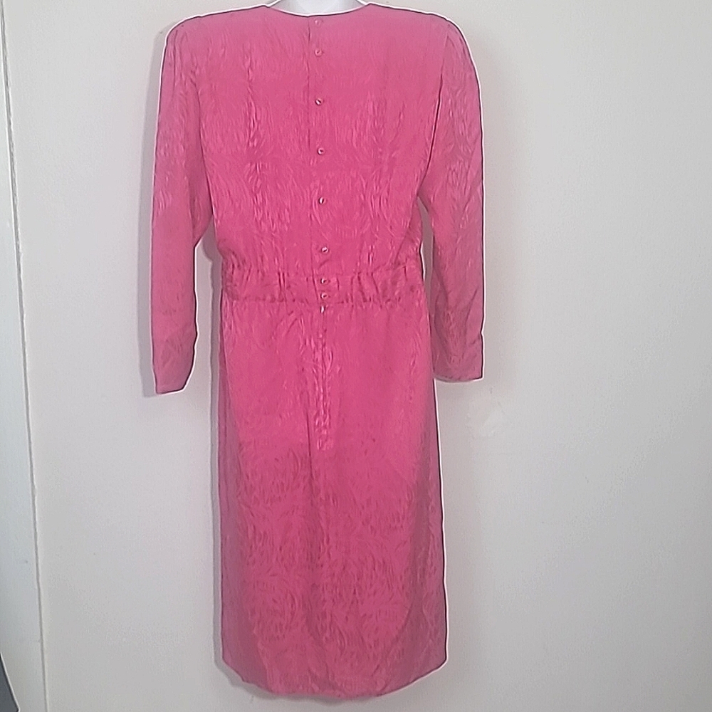 💖 Nora Noh 1980s Vintage Silk Midi Dress Bright Pink Moiré Size 8 Iconic Design - Picture 4 of 7